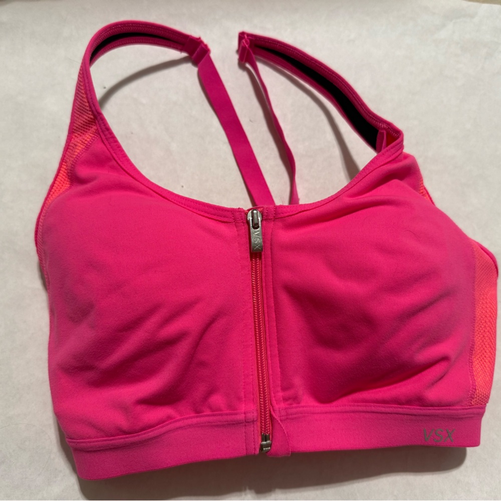 Victoria’s Secret VSX Sport Pink and  Orange Underwire Zip Front Sports Bra- 32D